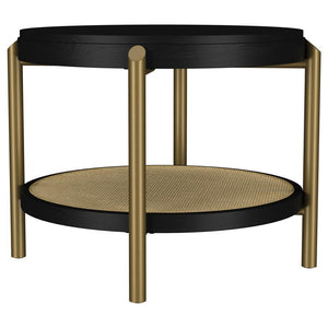 This round end table showcases a refined blend of natural and industrial elements, perfect for modern interiors. Crafted from Asian hardwood, engineered wood, and ash veneer, its finish highlights the table-'s organic grain for a subtle, rustic appeal. Th
