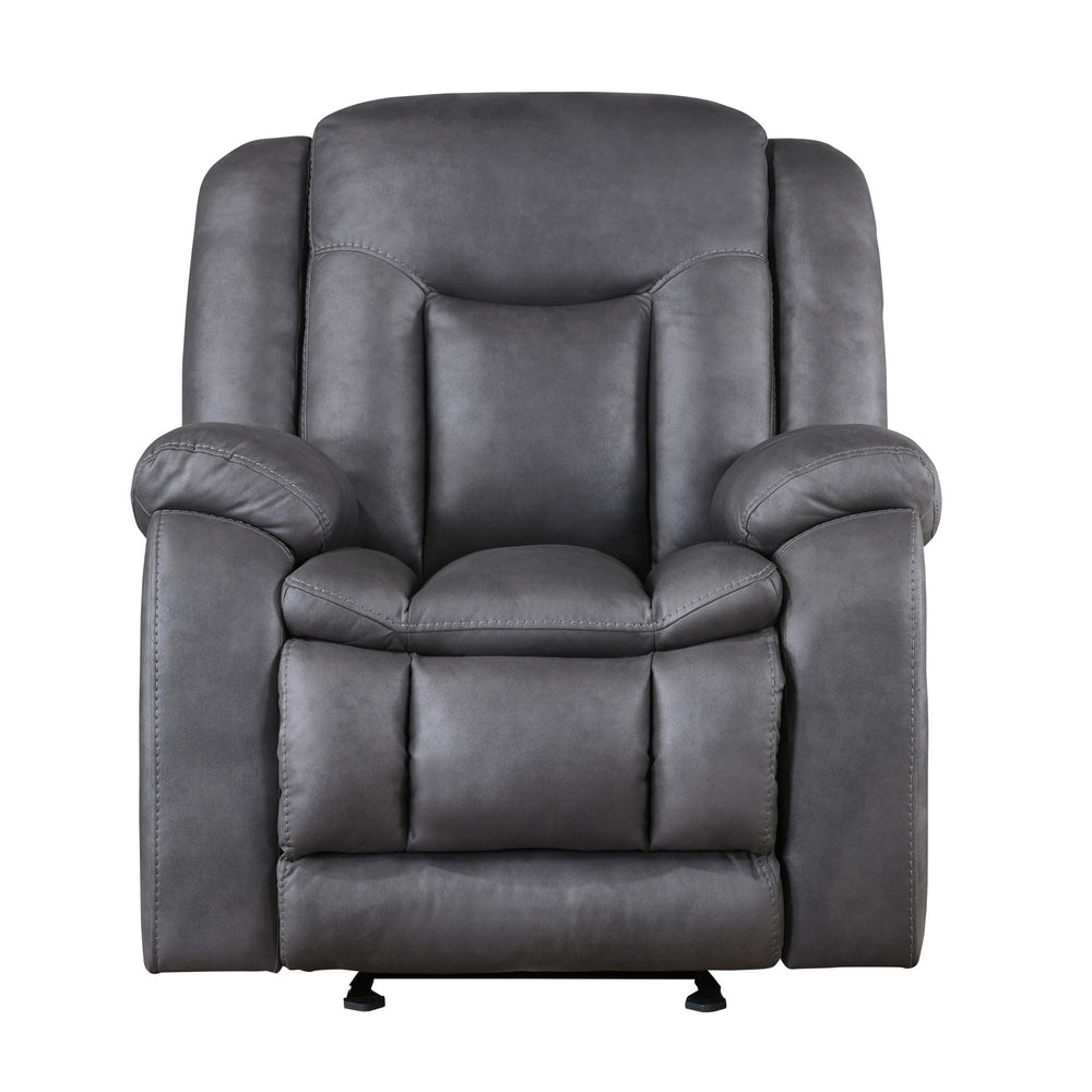 The Morello Glider Recliner with Power Footrest in gray is the perfect blend of comfort and functionality for your home. This power glider recliner is upholstered in sumptuously soft 100% polyester fabric in a gray color, mimicking the look of leather wit