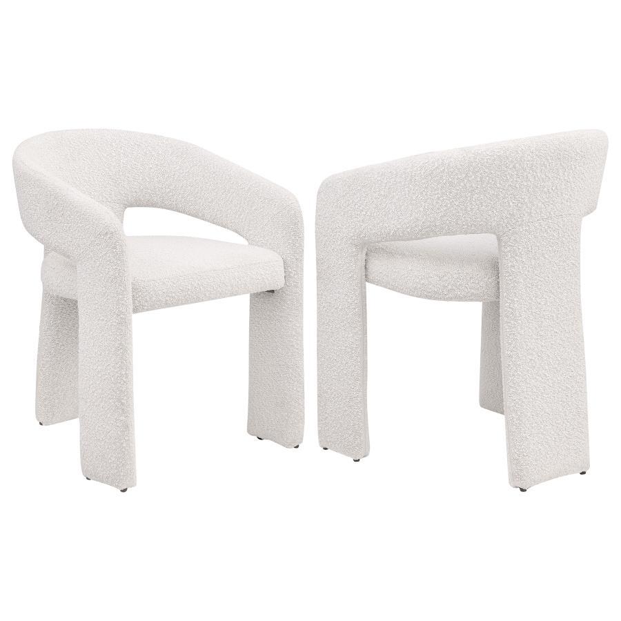 Refresh the look and feel of a modern dining room with a contemporary armchair. Stylish presence is created with its rounded silhouette, pairing a keyhole design with sloping arms for airy ambiance. Three wide legs provide excellent support, while foam cu