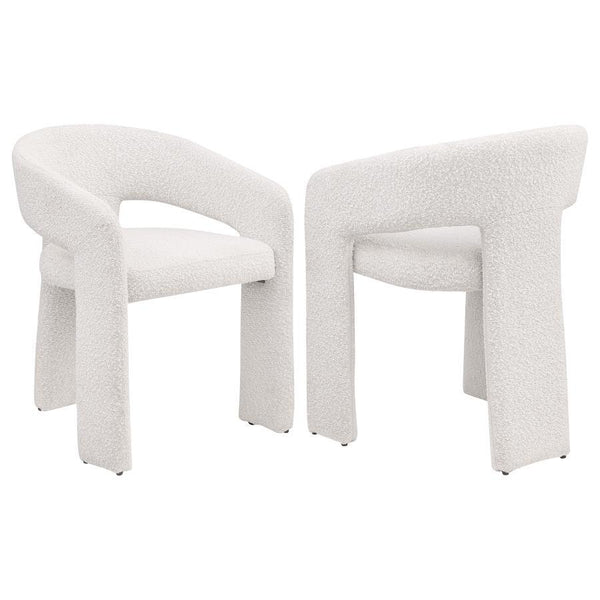 Refresh the look and feel of a modern dining room with a contemporary armchair. Stylish presence is created with its rounded silhouette, pairing a keyhole design with sloping arms for airy ambiance. Three wide legs provide excellent support, while foam cu