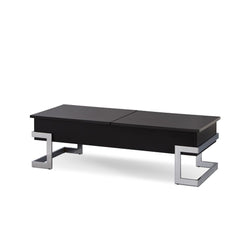 The Calnan coffee table has it all, good looks with its chrome modern legs exposed on the outside of a black box top. Full of surprises, like lift top tray and slide top storage with additional storage under the lift up tray. This table will ensure your l