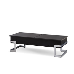 The Calnan coffee table has it all, good looks with its chrome modern legs exposed on the outside of a black box top. Full of surprises, like lift top tray and slide top storage with additional storage under the lift up tray. This table will ensure your l