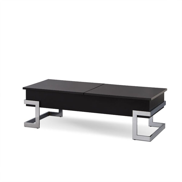 The Calnan coffee table has it all, good looks with its chrome modern legs exposed on the outside of a black box top. Full of surprises, like lift top tray and slide top storage with additional storage under the lift up tray. This table will ensure your l