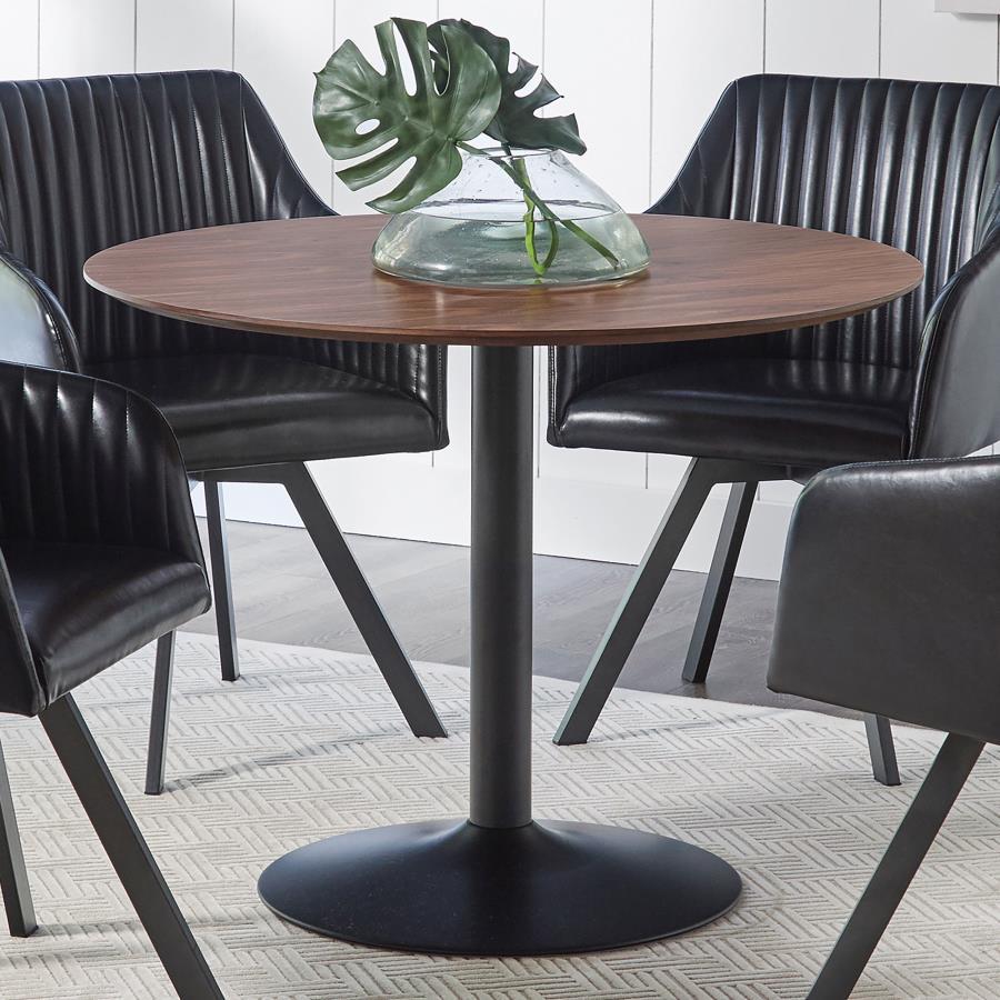 Create a cozy dining spot with this retro-modern round table, featuring a rich walnut veneer top and a smooth black pedestal base. The compact 40-inch size makes it ideal for breakfast nooks or smaller dining areas, while the clean silhouette and warm woo