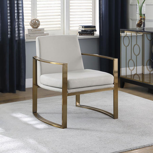  this accent chair will perk up your living area. Concave armrests bring a supportive and comfortable seating experience. They boast a brushed bronze finish and add rich curvature to a classic silhouette. Padded c