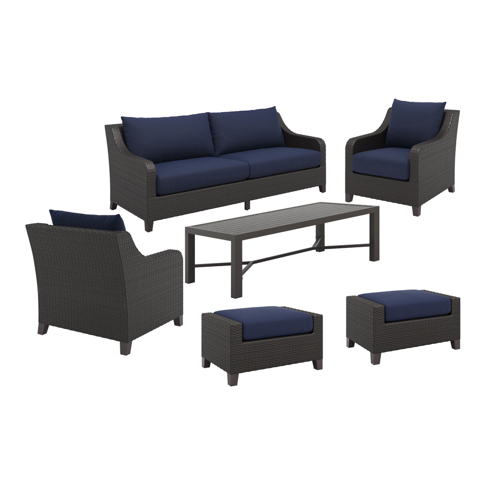 Enhance your outdoor living space with the Skye Outdoor Patio 6 Piece Conversation Set in rich Navy Blue. This set includes a three-seater sofa, two club chairs, two matching ottomans, and a coffee table, offering ample seating and comfort for your guests
