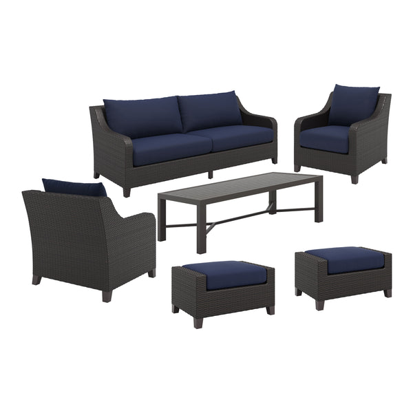Enhance your outdoor living space with the Skye Outdoor Patio 6 Piece Conversation Set in rich Navy Blue. This set includes a three-seater sofa, two club chairs, two matching ottomans, and a coffee table, offering ample seating and comfort for your guests