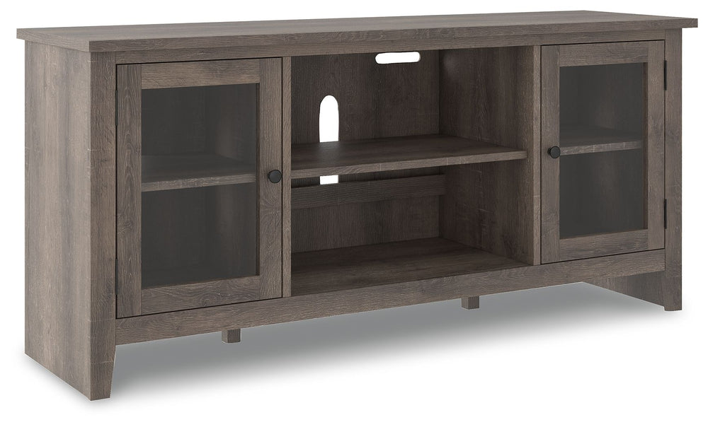 With its replicated weathered oak finish and minimalist charm, this TV stand with fireplace option is right in tune with your relaxed approach to high style. Beautifully made to accommodate your media equipment, itâ€™s well equipped with adjustable shelvi