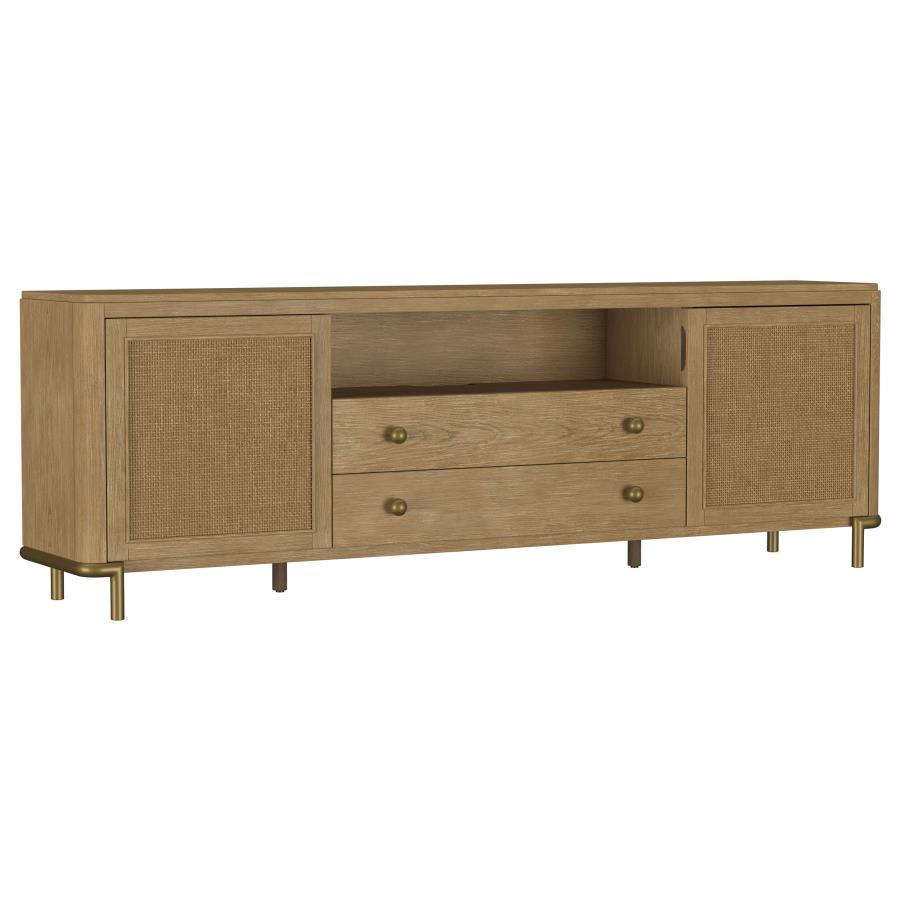 This refined entertainment unit transforms your living room with artisanal detail. Accommodating up to 85-inch displays, this TV stand integrates Asian hardwood, engineered wood, ash veneer, and rattan. A modern neutral finish and aged brass legs exude ti