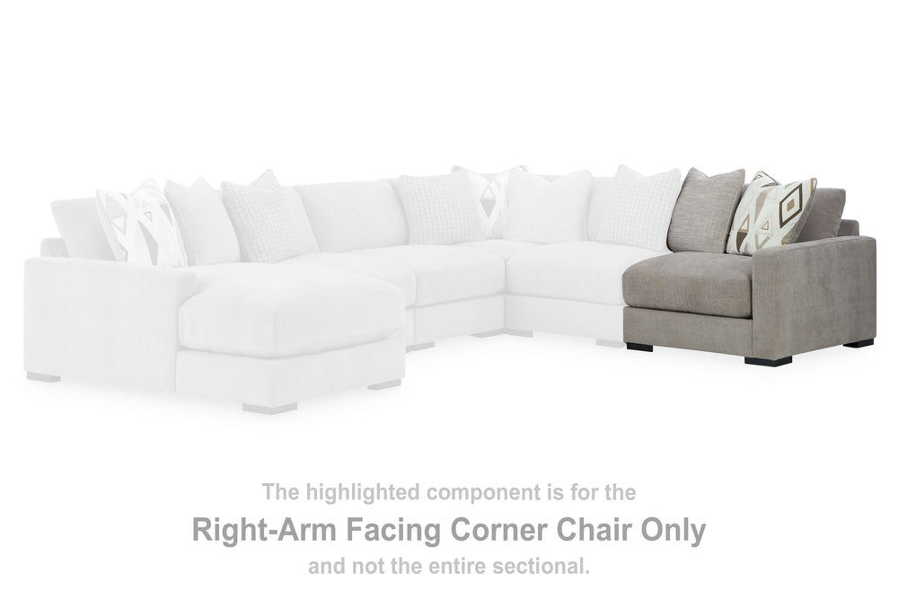 This right-arm facing corner chair is made with polyester upholstery. Fully finished on all sides, it pairs with other items in the series to make a modular sectional.<br><br><b>Additional Dimensions</b><br><ul><li>Arm height: 24-"</li><li>Seat depth: 27-