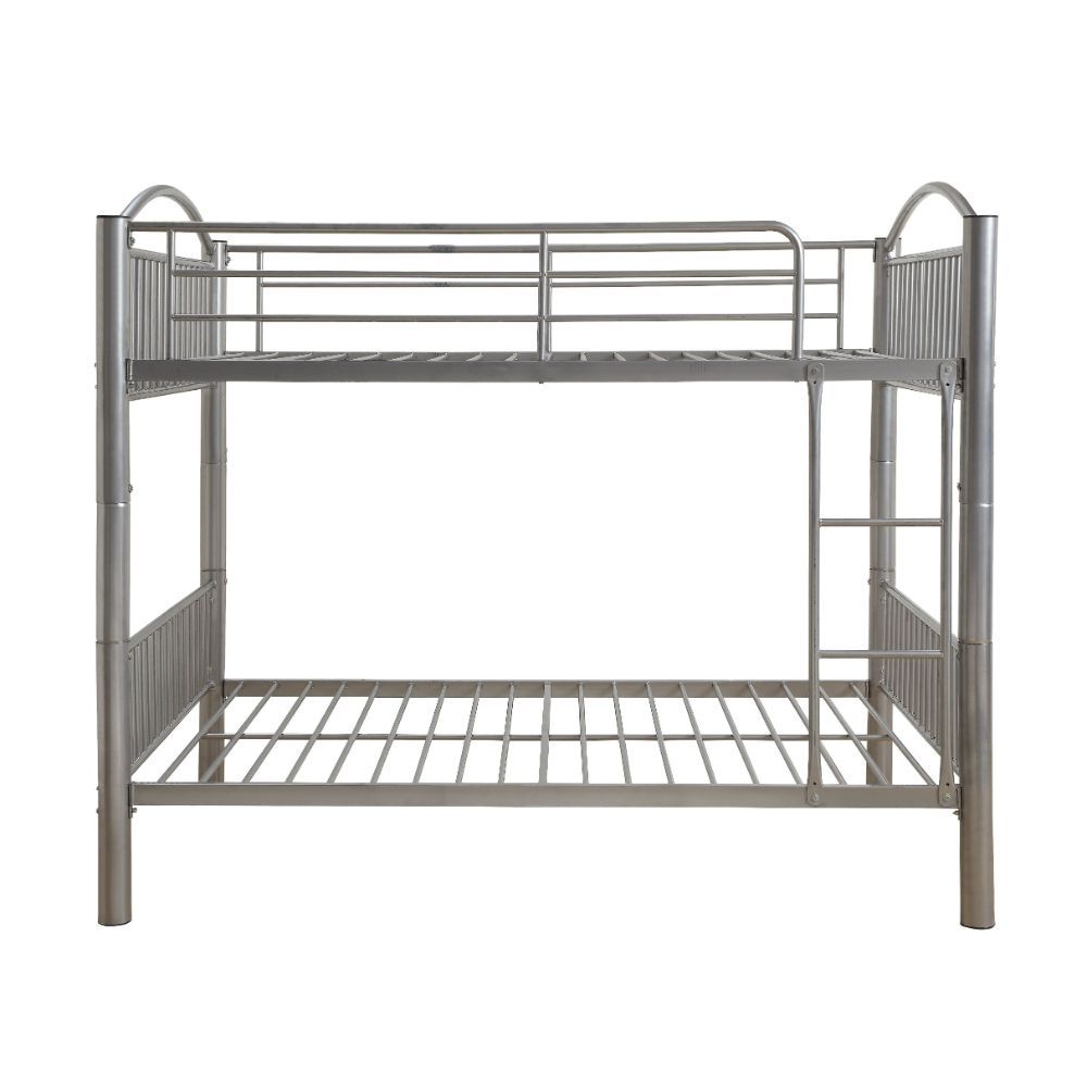 The Cayelynn full over full bunk bed is a great way to free up space in a kids bedroom. It is a round metal tube design and features a built in ladder to the upper twin bed that also has a guardrail. This bed is available in black and silver.<br/><br/><b>