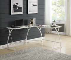 Corner Computer Desk Orientation: -"L-" Shape Metal Frame BaseRectangular Table Top w/Tempered Glass<br/><br/><b>Product Features</b><ul><li>Corner Computer Desk</li><li>Orientation: -"L-" Shape</li><li>Metal Frame Base</li><li>Rectangular Table Top w/Tem