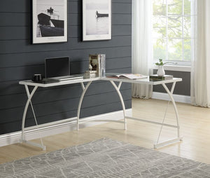 Corner Computer Desk Orientation: -"L-" Shape Metal Frame BaseRectangular Table Top w/Tempered Glass<br/><br/><b>Product Features</b><ul><li>Corner Computer Desk</li><li>Orientation: -"L-" Shape</li><li>Metal Frame Base</li><li>Rectangular Table Top w/Tem
