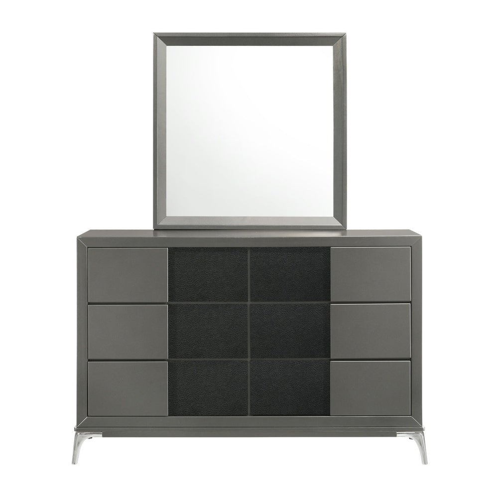 The Nocturne Mirror is constructed with the robustness of Rubberwood solid wood and the resilience of Okoume veneers. The sleek slate gray finish, with its subtle sheen, offers a contemporary palette that complements any room. Framed by picture frame wood