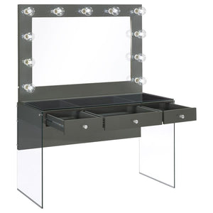  grey high gloss lacquer finish across the tabletop and mirror frame