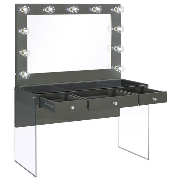 grey high gloss lacquer finish across the tabletop and mirror frame