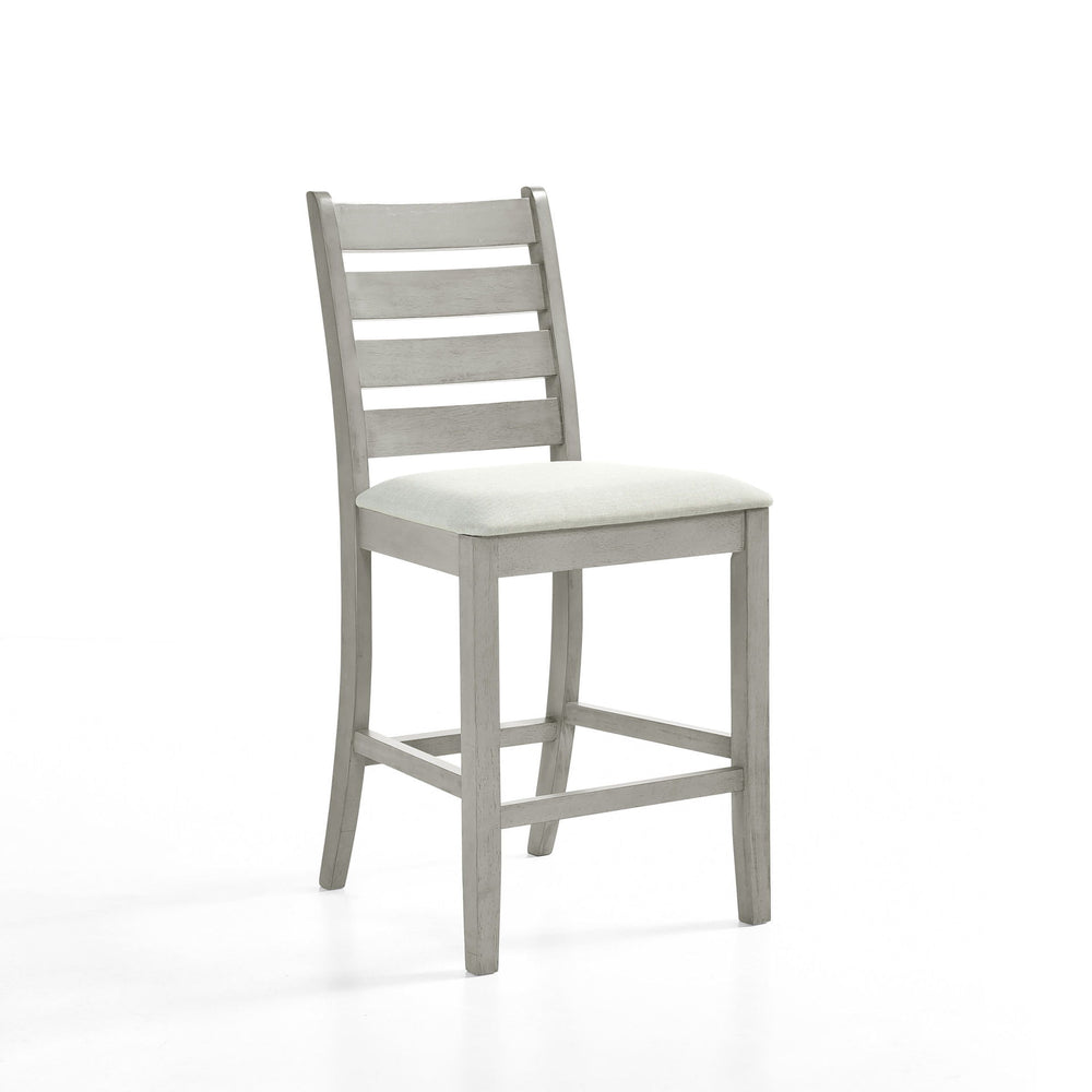 Introducing the Pascal Ladderback Counter Chairs in Driftwood Gray, a perfect blend of durability and style. Sold in sets of two, these counter-height chairs are crafted from solid Rubberwood and feature four base stretchers for enhanced stability, ensuri