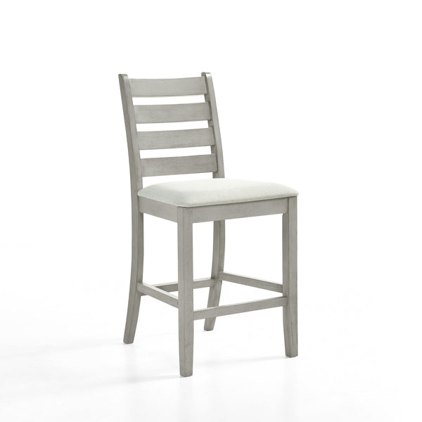 Introducing the Pascal Ladderback Counter Chairs in Driftwood Gray, a perfect blend of durability and style. Sold in sets of two, these counter-height chairs are crafted from solid Rubberwood and feature four base stretchers for enhanced stability, ensuri