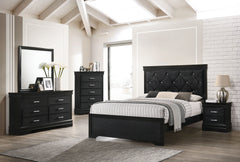 This bedroom set embodies a refined elegance with its rich black hue and luxurious textures, perfect for creating a serene and sophisticated sanctuary. The centerpiece is a sumptuous bed framed by a headboard with diamond-tufted detailing, offering a touc