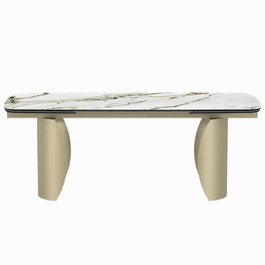 The Cora dining set with its luxurious golden champagne finish, exudes modern elegance. The sleek marble top paired with its stylish pedestal base creates a stunning focal point for any dining room. Perfect for hosting intimate dinners or festive gatherin
