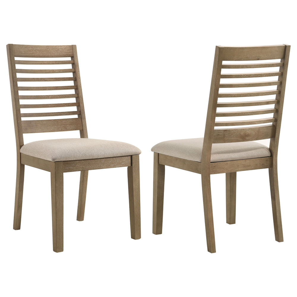 Introduce farmhouse charm to your kitchen or dining room with a set of two side chairs. Perfect for family dining, the chair feature Asian hardwood construction with a simple silhouette and wire brushing for added texture and depth. Seats are padded with 
