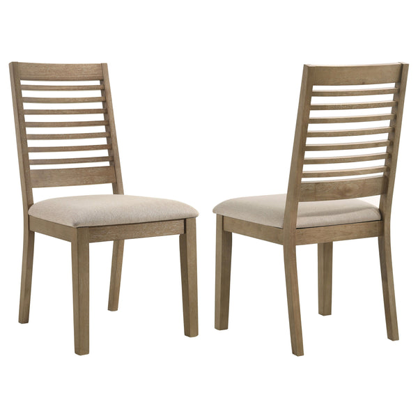 Introduce farmhouse charm to your kitchen or dining room with a set of two side chairs. Perfect for family dining, the chair feature Asian hardwood construction with a simple silhouette and wire brushing for added texture and depth. Seats are padded with 