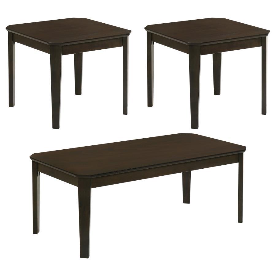 Add a timeless touch to your living room with this three-piece coffee table set. Featuring a coffee table and two side tables, each piece showcases a rich dark brown finish for a classic appeal. The smooth tops with notched corners add charm while providi