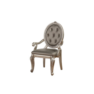 KD, Arm Chair (High Backrest) Stationary Seat: Standard Dining Height Padded SEAT & BACK: PU Cushion with Welt Trim OVAL Backrest: Button Tufted (Inside), Wood Panel with Raised Scrolled Motifs (Outside) Wooden Scrolled Apron Seat: Raised Molding Trim Woo