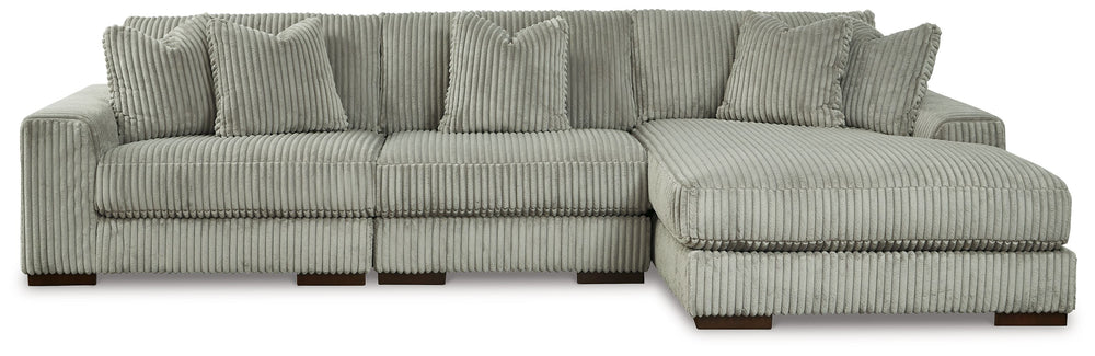 Plush and posh. Showcase your eye for on-trend texture with the statement-making cord upholstery of this sectional with chaise. Its stunningly soft fabric entices in a warm neutral hue, complementing contemporary color palettes. Sink into the cushions and
