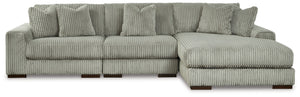 Plush and posh. Showcase your eye for on-trend texture with the statement-making cord upholstery of this sectional with chaise. Its stunningly soft fabric entices in a warm neutral hue, complementing contemporary color palettes. Sink into the cushions and