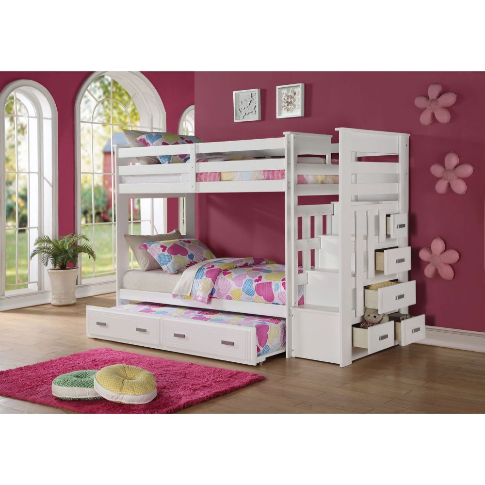 The Allentown Collection was designed to save space, this twin over twin bunk bed is a perfect solution for your children-'s bedroom. The piece features a bright white finish and offers durability as well as a clean style. The full-length guard rails prov