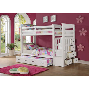  this twin over twin bunk bed is a perfect solution for your children-'s bedroom. The piece features a bright white finish and offers durability as well as a clean style. The full-length guard rails prov