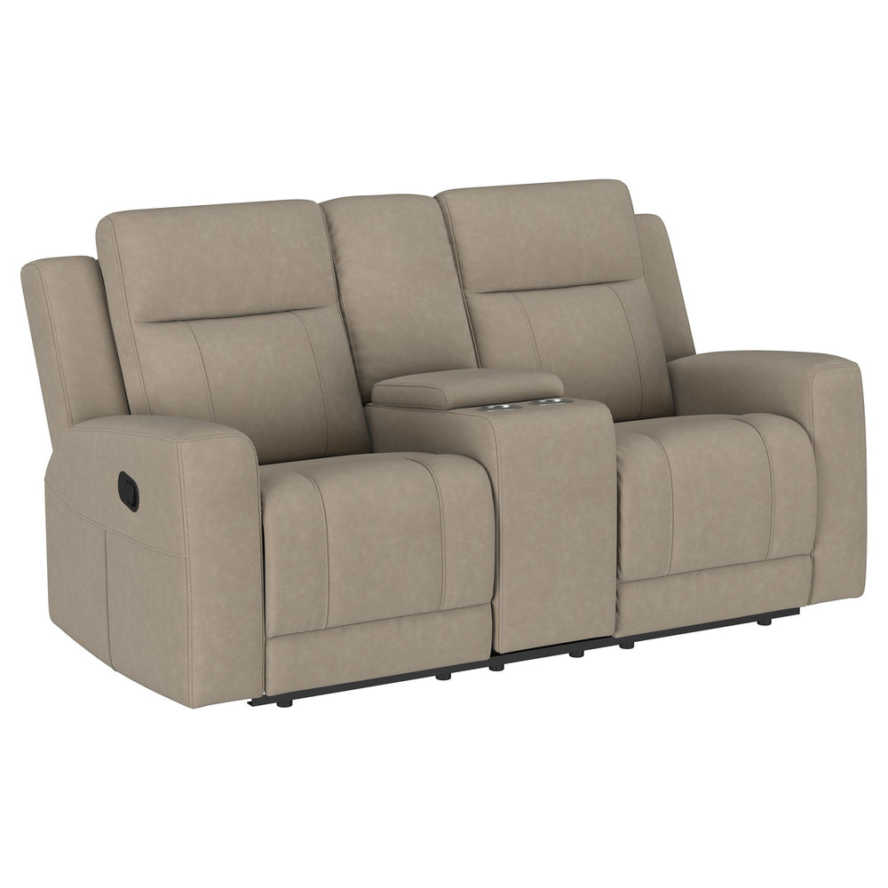 Revamp your living room or den with the inviting comfort of a modern reclining loveseat. Complete with a center console that adds storage and a pair of cupholders, this loveseat is sure to become your favorite on movie nights and game days. It features sl