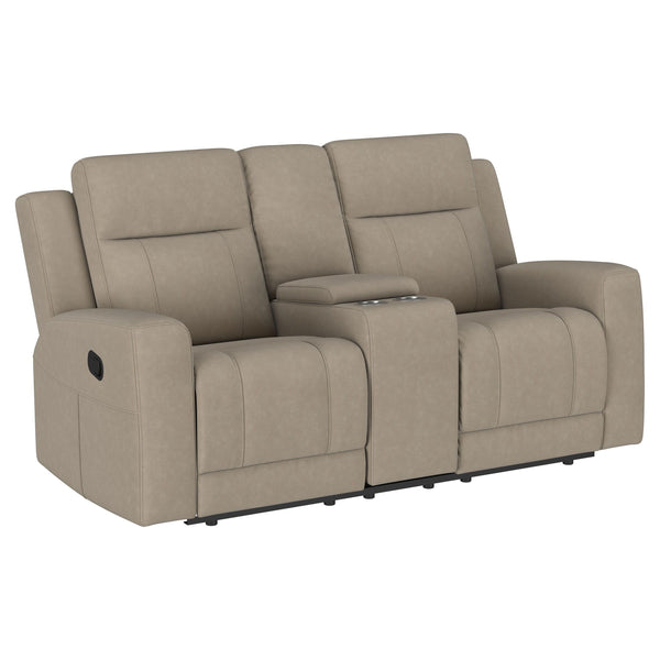 Revamp your living room or den with the inviting comfort of a modern reclining loveseat. Complete with a center console that adds storage and a pair of cupholders, this loveseat is sure to become your favorite on movie nights and game days. It features sl