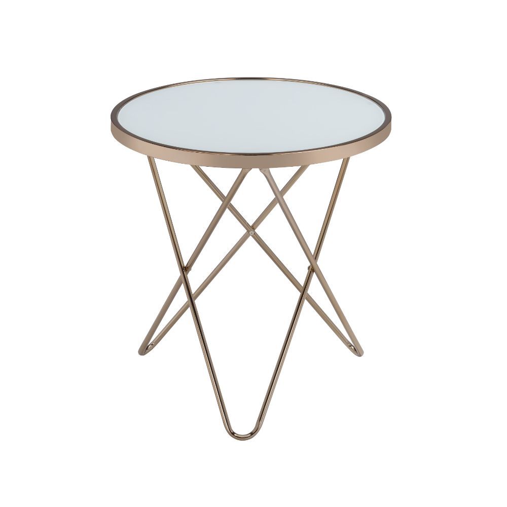 Update your living room with a functional art piece. The Valora end table uses a mid-century inspired base finished in champagne and supports a framed frosted glass top. The collection works well as an eclectic feel.<br/><br/><b>Product Features</b><ul><l