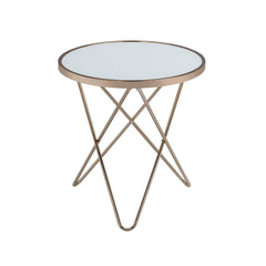 Update your living room with a functional art piece. The Valora end table uses a mid-century inspired base finished in champagne and supports a framed frosted glass top. The collection works well as an eclectic feel.<br/><br/><b>Product Features</b><ul><l
