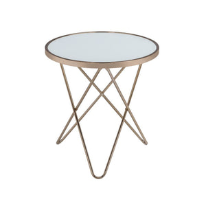 Update your living room with a functional art piece. The Valora end table uses a mid-century inspired base finished in champagne and supports a framed frosted glass top. The collection works well as an eclectic feel.<br/><br/><b>Product Features</b><ul><l