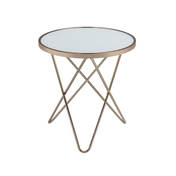 Update your living room with a functional art piece. The Valora end table uses a mid-century inspired base finished in champagne and supports a framed frosted glass top. The collection works well as an eclectic feel.<br/><br/><b>Product Features</b><ul><l