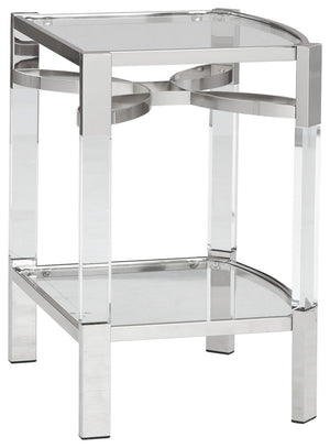 the glass top and open glass shelf is beautifully on trend. Sleek chrome plated metal legs with clear acrylic accents add a touch of e