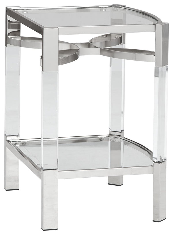  the glass top and open glass shelf is beautifully on trend. Sleek chrome plated metal legs with clear acrylic accents add a touch of e