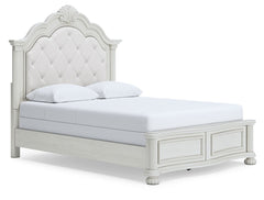 Transform your inner sanctum into a haven of timeless elegance. This traditionally inspired queen upholstered panel bed features a cushioned headboard embellished with a serpentine-shaped crown and light pearl gray upholstery. A contoured footboard with p
