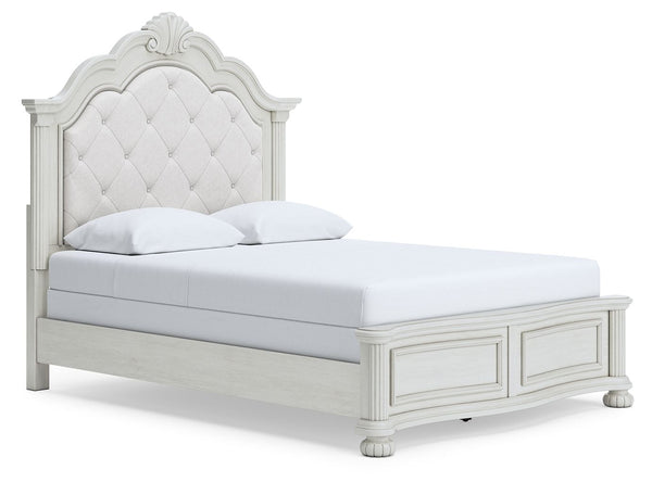 Transform your inner sanctum into a haven of timeless elegance. This traditionally inspired queen upholstered panel bed features a cushioned headboard embellished with a serpentine-shaped crown and light pearl gray upholstery. A contoured footboard with p