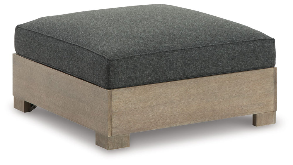 Be the host with the most when you add this simply stunning outdoor ottoman to your patio, porch or poolside. High-performance Nuvella+â„¢ fabric in charcoal harmonizes with the eucalyptus wood frame to craft a richly relaxed sense of style, whether youâ€