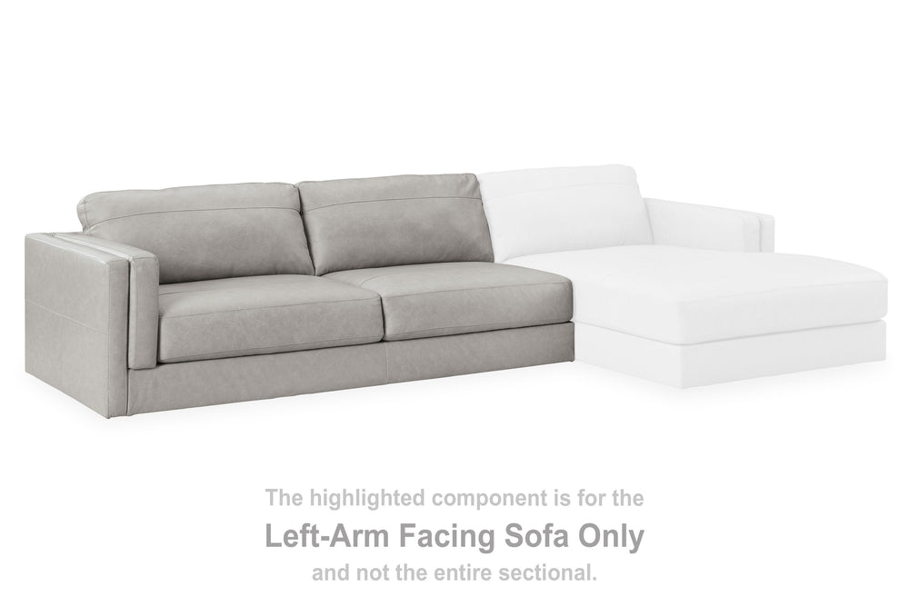 This left-arm facing sofa is made with a combination of 100% top grain leather and faux leather upholstery. Pairs with other items in the series to make a sectional.<br><br><b>Additional Dimensions</b><br><ul><li>Arm height: 26-"</li><li>Seat depth: 27-"<