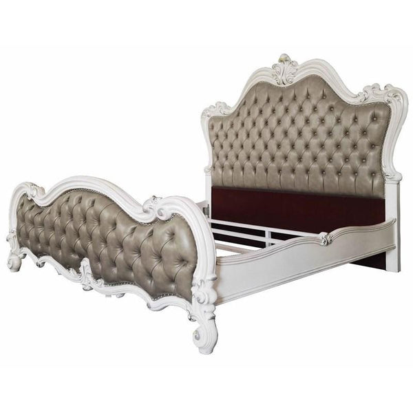 Turn your bedroom into a classy abode with this sophisticated Versailles II bed in a vintage gray PU and bone white finish. The curved wood trim on the headboard and footboard is accentuated with a fluted seashell motif crown. The deep button tufting adds