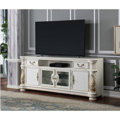 Rectangular TV Stand with 2 Drw, Media Compartment & 4 Doors with Shelf Inside (2 Side Wooden & 2 Center Glass) Cord mgmt (Back Panel with Pre-Cut Hole) Fluted Base Trim & Pumpkin Bun Leg