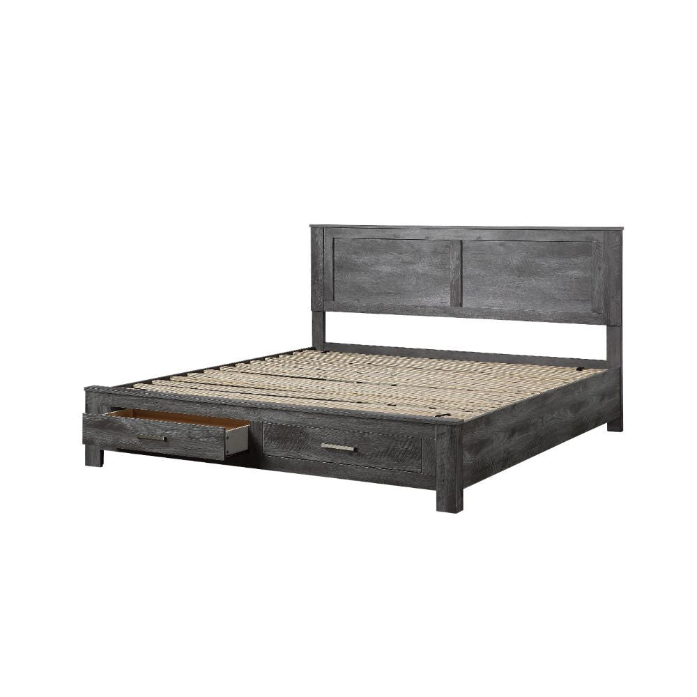The Vidalia bedroom collection conveys the character of rugged simplicity in living close to nature while maintaining stylish comfort. This collection includes sturdy wood construction, rough sawed plank panels, all rustic gray oak finish. The storage bed
