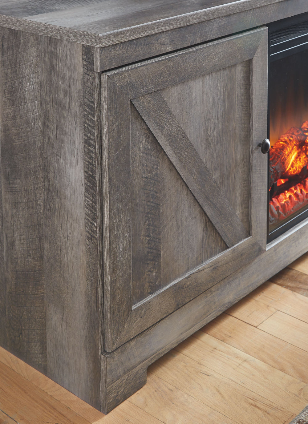 This TV stand with fireplace insert is sure to win your heart with its daring designer take on modern rustic. The standâ€™s crisp, clean and minimalist-chic profile is enriched with a striking replicated oak grain with thick plank styling and a weathered 