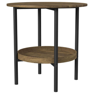  with a neutral brown wood finish that brings warmth to any room. The round silhouette creates a sense of