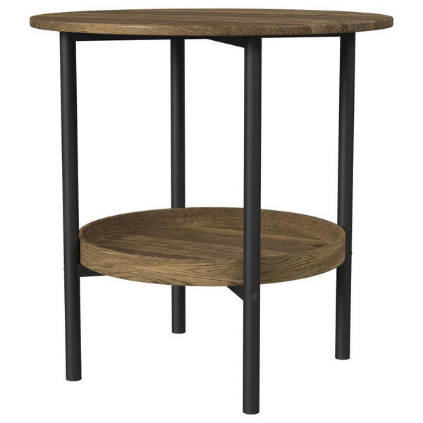  with a neutral brown wood finish that brings warmth to any room. The round silhouette creates a sense of